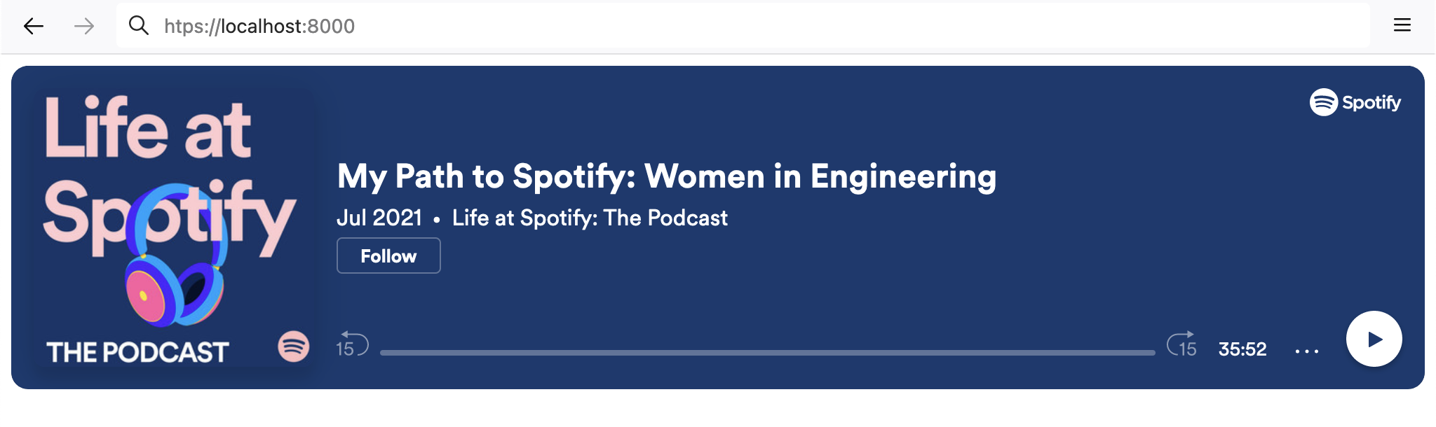 Web page with an Embed for the Life at Spotify podcast