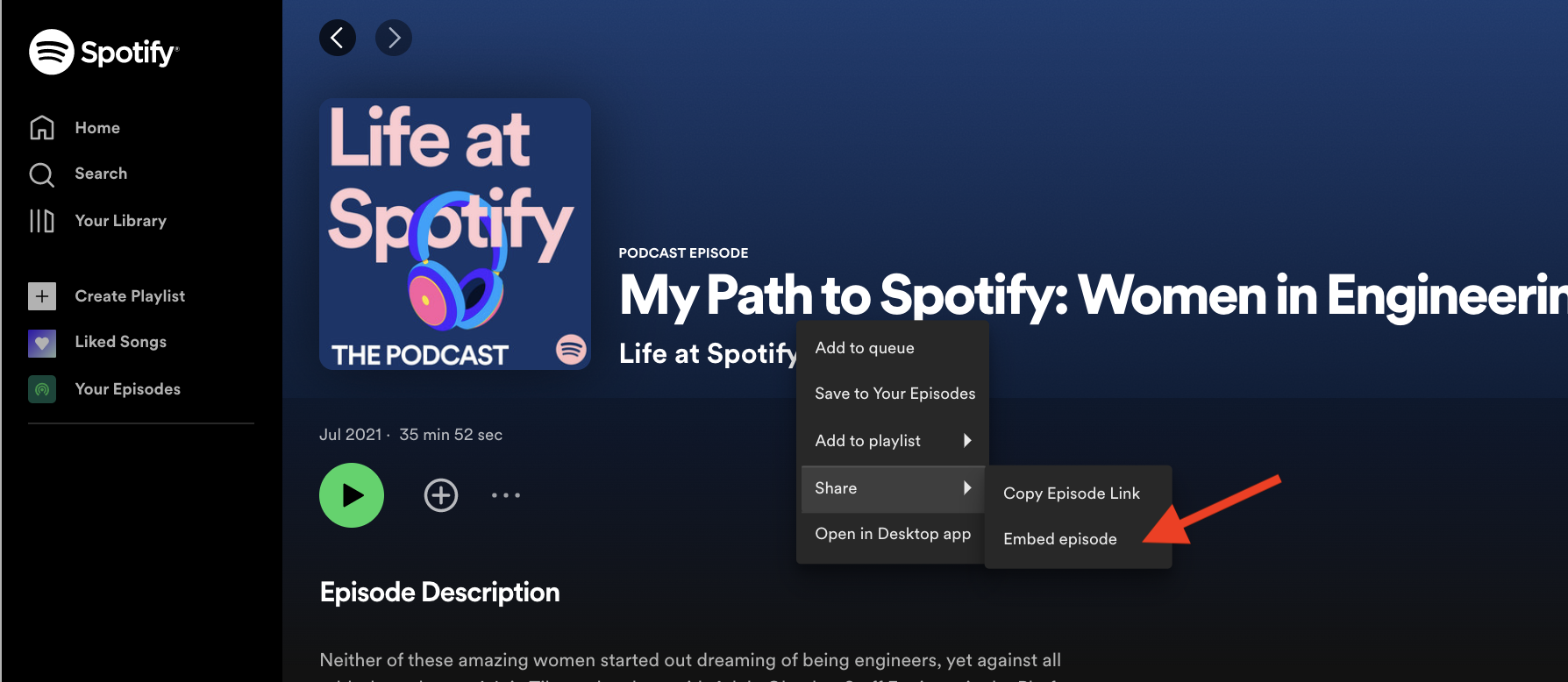 The Share menu of Spotify's Web Player